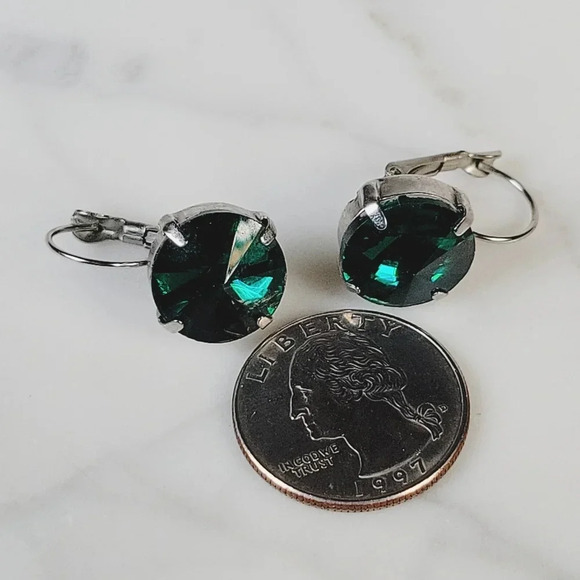 Green Crystal Necklace Earrings Set Silvertone Rolo Chain Adjustable Riv… - Picture 7 of 12